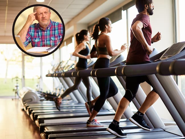 Personas corriendo en una máquina de ejercicio junto a una imagen de un hombre que señala su cabeza (Getty Images)