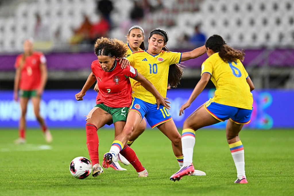 LODZ, POLAND - SEPTEMBER 10: Iara Lobo of Portugal is challenged by Mariana Silva of Colombia during the FIFA U-20 Women's World Cup group stage match between Colombia and Portugal at Stadion Miejski LKS Lodz on September 10, 2026 in Lodz, Poland. (Photo by Mateusz Slodkowski - FIFA/FIFA via Getty Images)