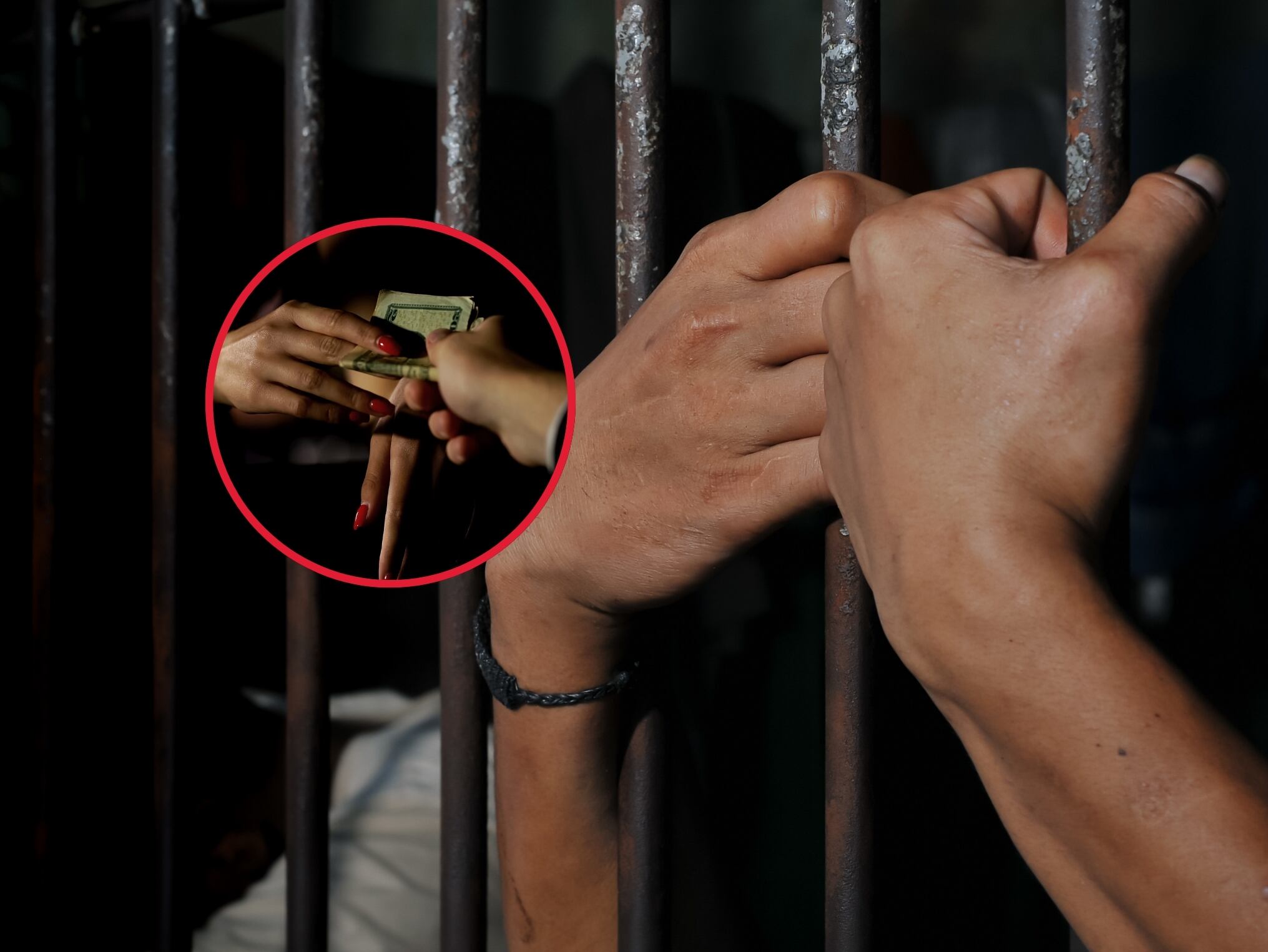 Imágenes de referencia de un hombre tras las rejas de una celda y a la izquierda una mujer recibiendo dinero en cambio de actividades sexuales (Crédito: Getty Images)