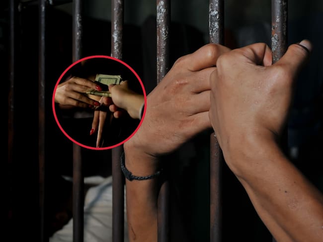 Imágenes de referencia de un hombre tras las rejas de una celda y a la izquierda una mujer recibiendo dinero en cambio de actividades sexuales (Crédito: Getty Images)