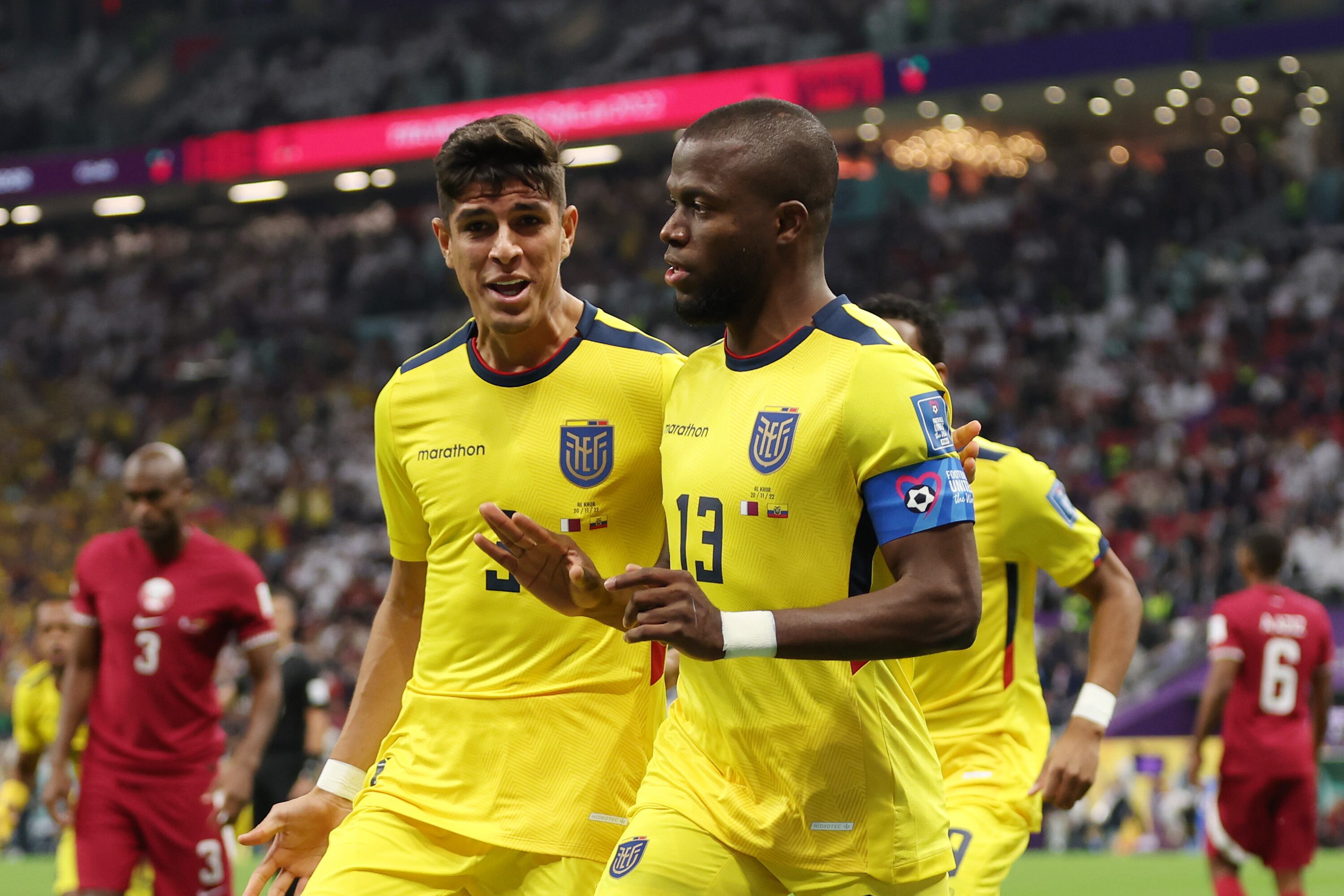 AL KHOR, QATAR - NOVEMBER 20: Enner Valencia of Ecuador celebrates after scoring a goal which was later disallowed by the Video Assistant Referee during the FIFA World Cup Qatar 2022 Group A match between Qatar and Ecuador at Al Bayt Stadium on November 20, 2022 in Al Khor, Qatar. (Photo by Lars Baron/Getty Images)