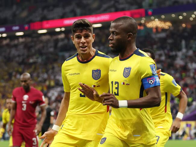 AL KHOR, QATAR - NOVEMBER 20: Enner Valencia of Ecuador celebrates after scoring a goal which was later disallowed by the Video Assistant Referee during the FIFA World Cup Qatar 2022 Group A match between Qatar and Ecuador at Al Bayt Stadium on November 20, 2022 in Al Khor, Qatar. (Photo by Lars Baron/Getty Images)