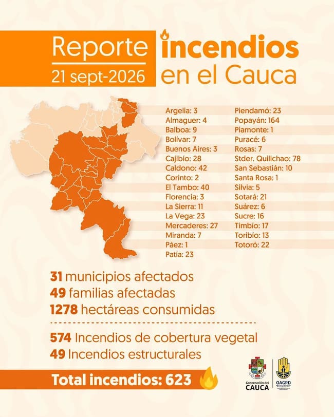 Un total de 574 incendios de cobertura vegetal se han registrado en el Cauca durante la actual temporada seca