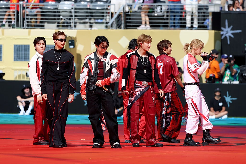 EAST RUTHERFORD, NEW JERSEY - JULY 19: (L-R) Suga, RM, Jungkook, Jin, V, J-Hope, and Jimin of BTS perform during FIFA World Cup 2026™ Topps Final Halftime Show at New York New Jersey Stadium on July 19, 2026 in East Rutherford, New Jersey. (Photo by Kevin Mazur/Getty Images for Global Citizen)