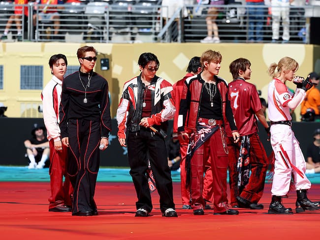EAST RUTHERFORD, NEW JERSEY - JULY 19: (L-R) Suga, RM, Jungkook, Jin, V, J-Hope, and Jimin of BTS perform during FIFA World Cup 2026™ Topps Final Halftime Show at New York New Jersey Stadium on July 19, 2026 in East Rutherford, New Jersey. (Photo by Kevin Mazur/Getty Images for Global Citizen)