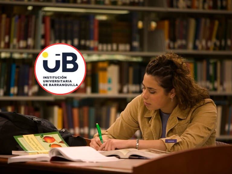 Persona estudiando en una biblioteca y al lado el logo de la UIB (Fotos vía Getty Images y rrss de la UIB).