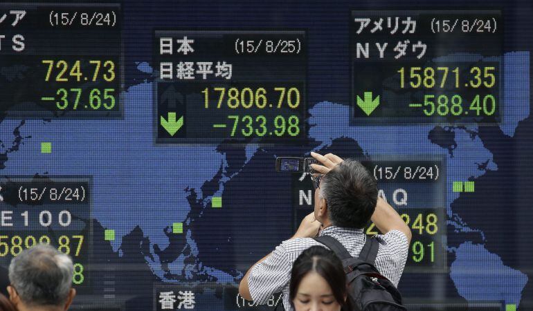 Un hombre toma fotografías en una pantalla bursátil sobre las caidas en los mercados.