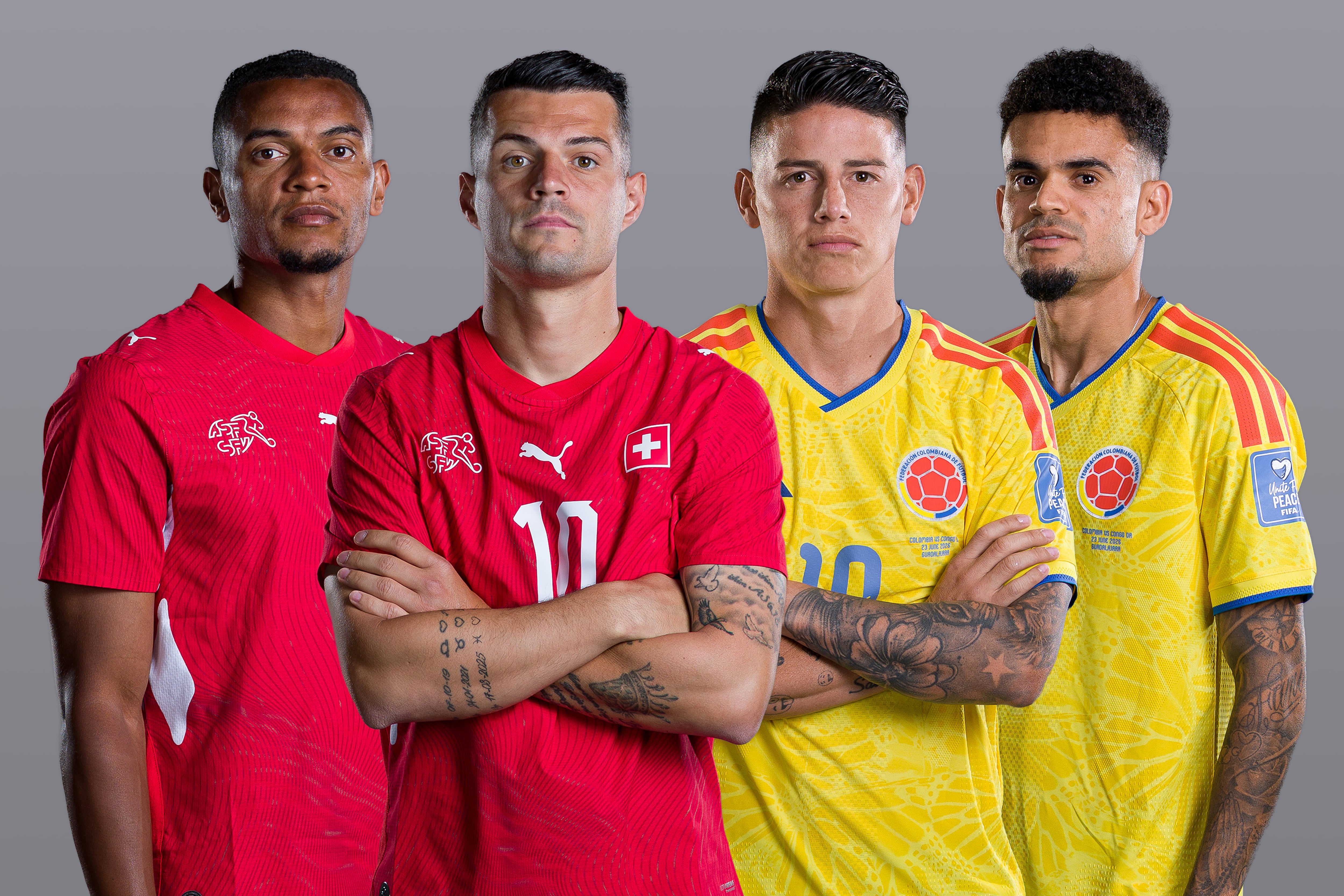 Manuel Akanji y Granit Xhaka, de Suiza; y James Rodríguez y Luis Diaz, de Colombia. Foto: Getty Images.