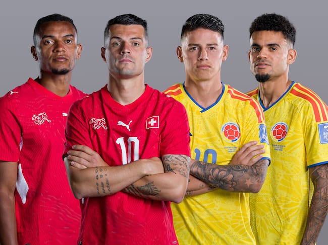 Manuel Akanji y Granit Xhaka, de Suiza; y James Rodríguez y Luis Diaz, de Colombia. Foto: Getty Images.