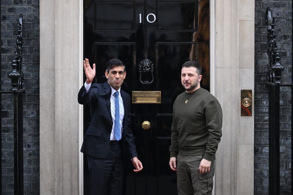 LONDON, ENGLAND - FEBRUARY 08: UK Prime Minister Rishi Sunak Hosts the Ukrainian President, Volodymyr Zelenskyy on February 8, 2023 in London, England. The Ukrainian President makes a surprise visit to the UK today in his second visit outside Ukraine since the Russian invasion nearly a year ago. The UK will offer further support in the form of training, equipment and Russian sanctions. (Photo by Leon Neal/Getty Images)