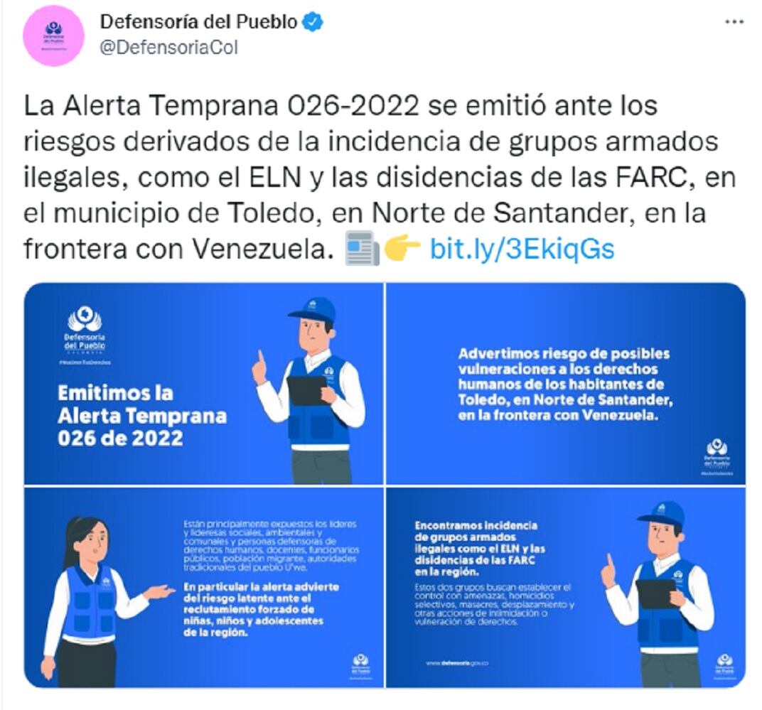 Alerta Defensoría del Pueblo Toledo Norte de Santander