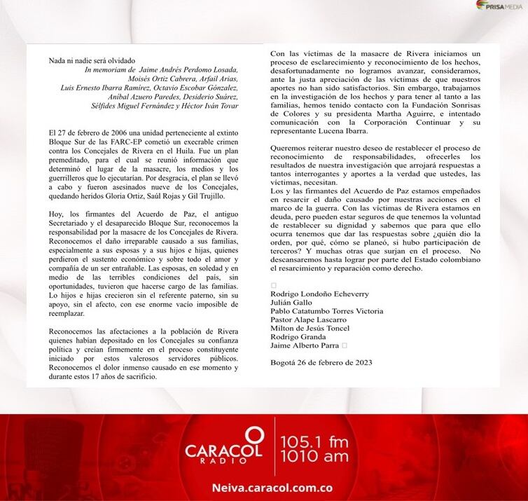 El documento está firmado por: Rodrigo Londoño Echeverry, Julián Gallo, Pablo Catatumbo Torres Victoria, Pastor Alape Lascarro, Milton de Jesús Toncel, Rodrigo Granda y Jaime Alberto Parra con fecha del 26 de febrero de este año, en la ciudad de Bogotá.