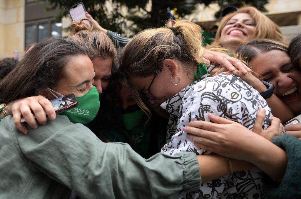 Abortion rights activists celebrate the decision of Colombia's high court to decriminalise abortion up to 24 weeks of pregnancy in Bogota, on February 21, 2022. (Photo by Raul ARBOLEDA / AFP) (Photo by RAUL ARBOLEDA/AFP via Getty Images)