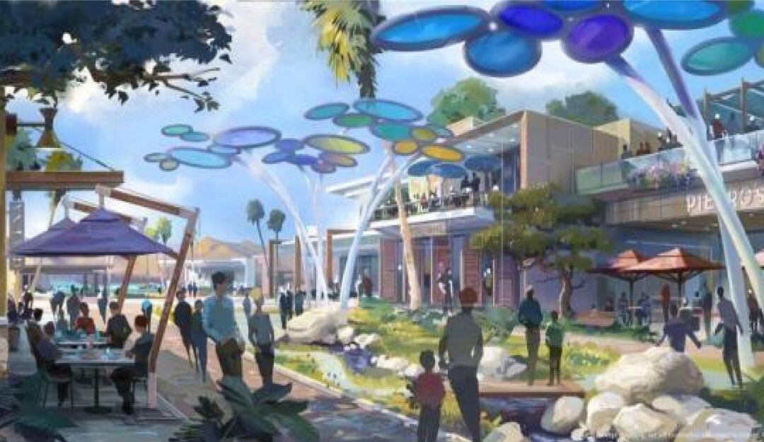 Imagen cedida por Disney donde se aprecia un bosquejo y concepto artístico de la vida diaria en el centro comercial de Cotino. 