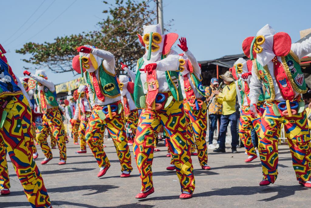Colombians parade and dance during the 'Batalla de las Flores' parade in Barranquilla, Colombia during the Carnival of Barranquilla on february 18, 2023. (Photo by: Roxana Charris/Long Visual Press/Universal Images Group via Getty Images)