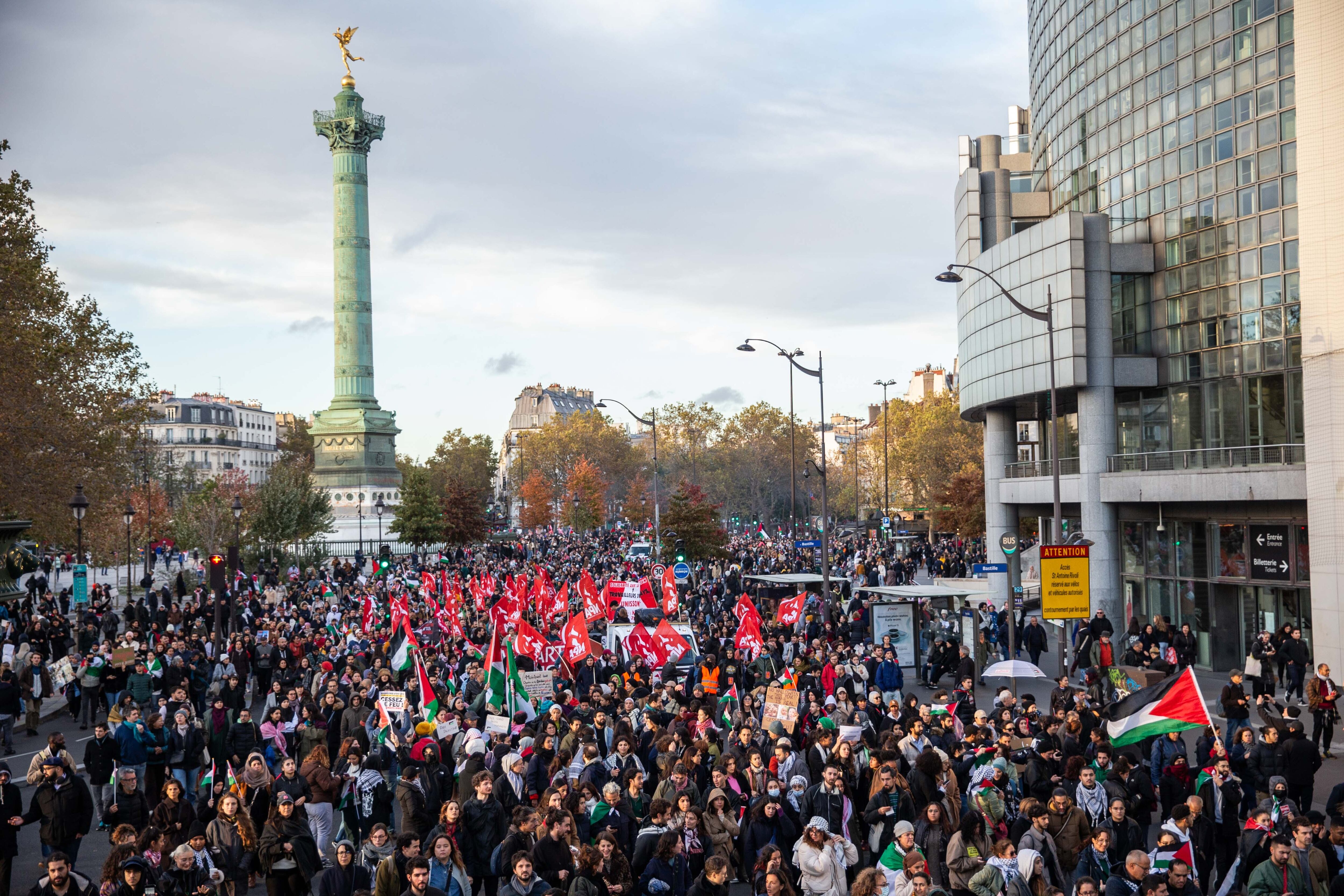 PARIS, FRANCE - NOVEMBER 04: People gather as they carry Palestinian flags and banners to stage a demonstration in support of Palestinians in Paris, France on November 04, 2023. (Photo by Ibrahim Ezzat/Anadolu via Getty Images)