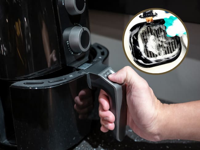 Persona abriendo una Air fryer y de fondo una limpieza de este electrodoméstico(Fotos vía Getty Images)