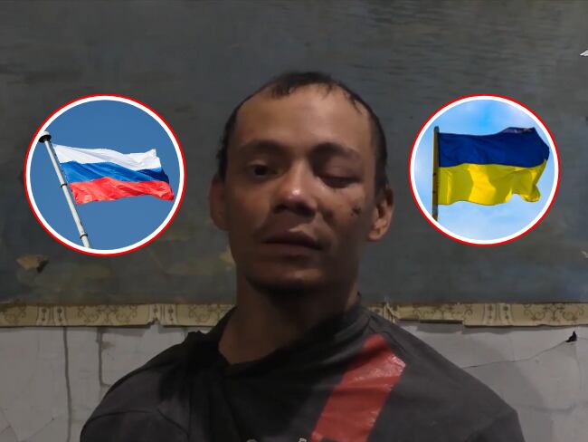Miguel Ángel Cárdenas Montilla, el mercenario colombiano que se rindió ante las fuerzas rusas. En los círculos, las banderas de Rusia (i) y Ucrania (d).
(Foto: Caracol Radio / Ministerio de Defensa de Rusia)