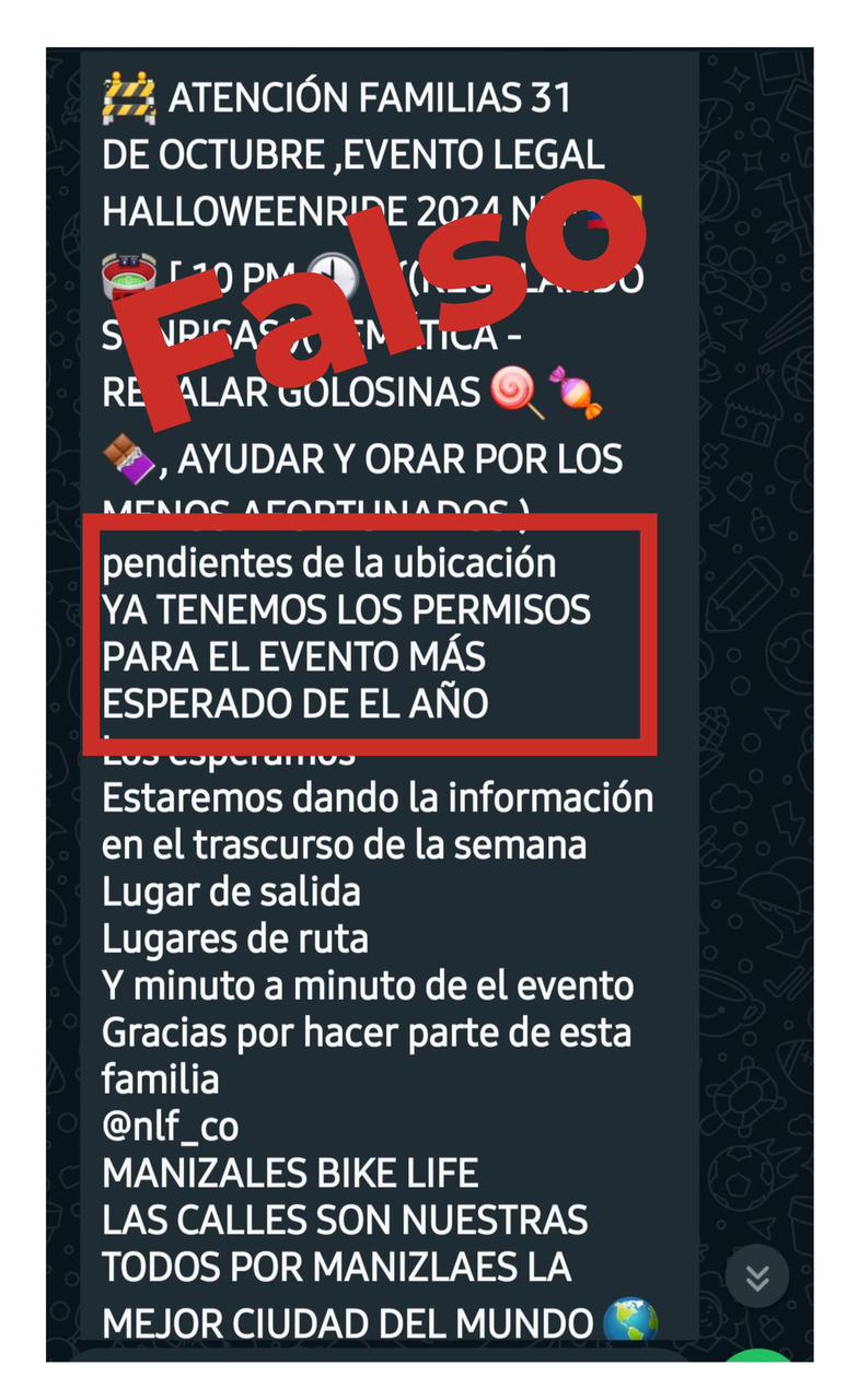 Las autoridades aclaran que cadena de WhatsApp de una rodada de motociclistas en la noche de 'halloween' es falsa. Foto: Alcaldía de Manizales.