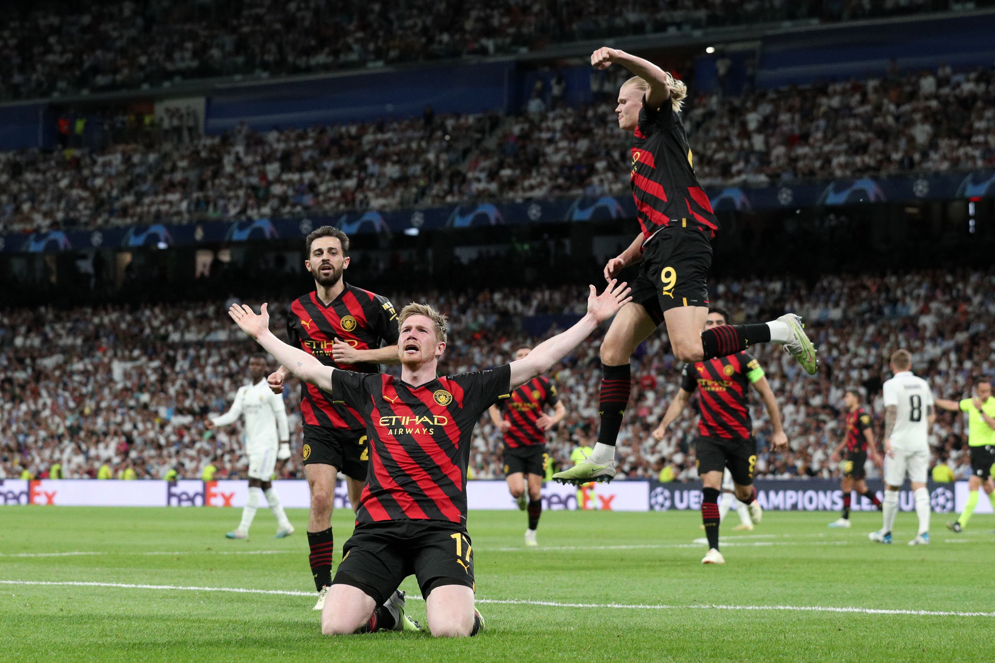 Kevin De Bruyne celebra el gol de Manchester City frente al Real Madrid por Champions League. (Photo by Gonzalo Arroyo - UEFA/UEFA via Getty Images)