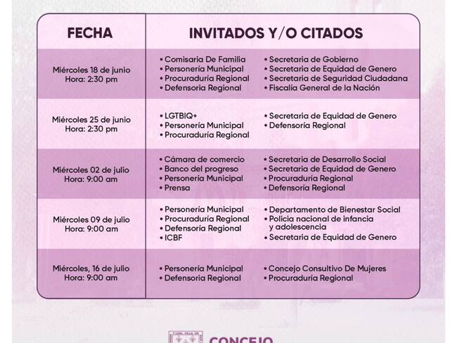 Cronograma de la Comisión durante junio y julio. / Foto: Concejo de Cúcuta.