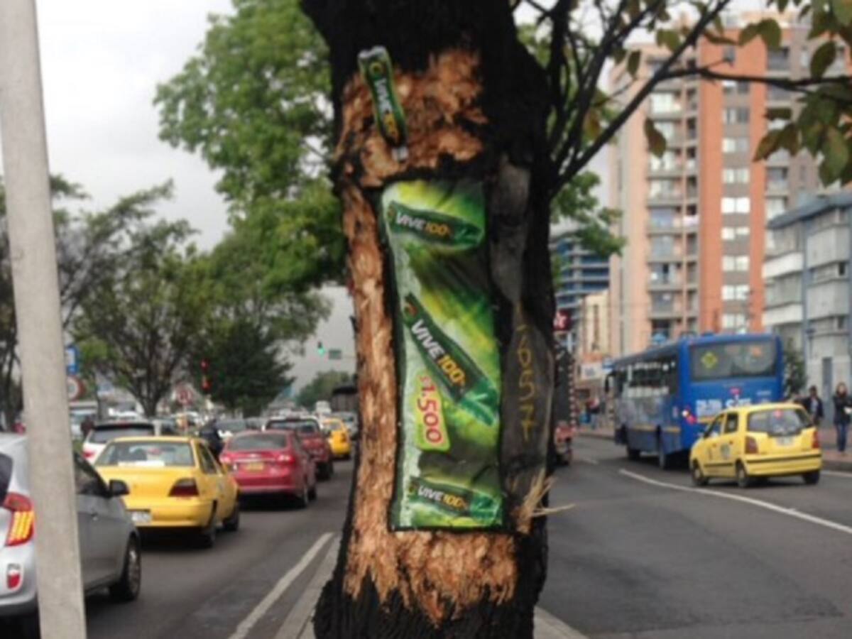 Árboles en la calle 100 en Bogotá están siendo usados como vallas publicitarias
