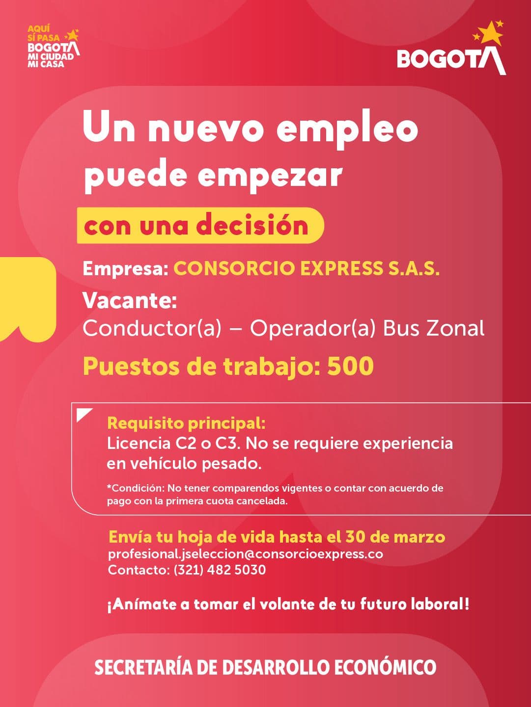 Imagen de anuncio de las vacantes para conductor u operador de bus zonal (Crédito: Secretaría de Desarrollo Económico de Bogotá / Alcaldía de Bogotá)