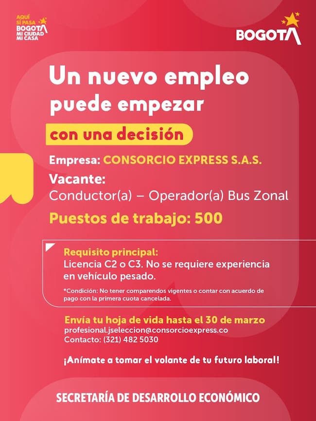 Imagen de anuncio de las vacantes para conductor u operador de bus zonal (Crédito: Secretaría de Desarrollo Económico de Bogotá / Alcaldía de Bogotá)