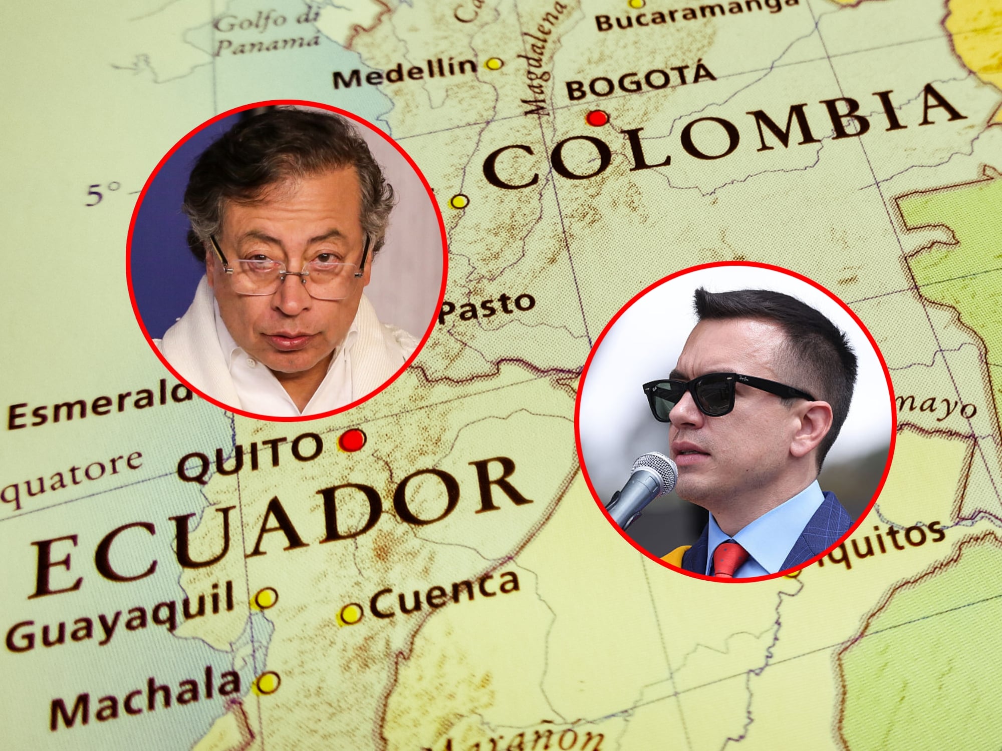Mapa de Colombia y Ecuador, presidentes Gustavo Petro y Daniel Noboa. Fotos: Getty Images / (Colprensa – Catalina Olaya) / (Photo by Franklin Jacome/Agencia Press South/Getty Images)