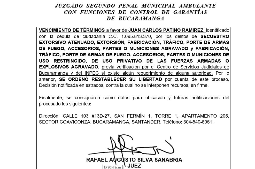Juez de Bucaramanga ordena libertad de presunto implicado en secuestro