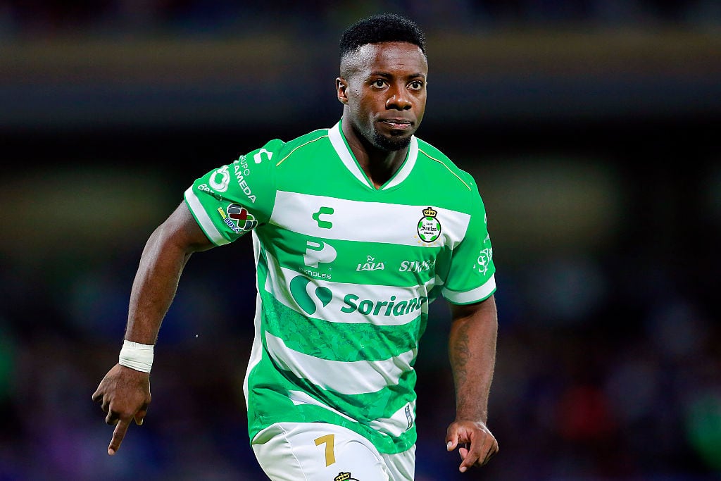 MEXICO CITY, MEXICO - AUGUST 16: Cristian Dajome of Santos celebrates after scoring the team's second goal during the 5th round match between Cruz Azul and Santos Laguna as part of the Torneo Apertura 2025 Liga MX at Estadio Olimpico Universitario on August 16, 2025 in Mexico City, Mexico. (Photo by Mauricio Salas/Jam Media/Getty Images)