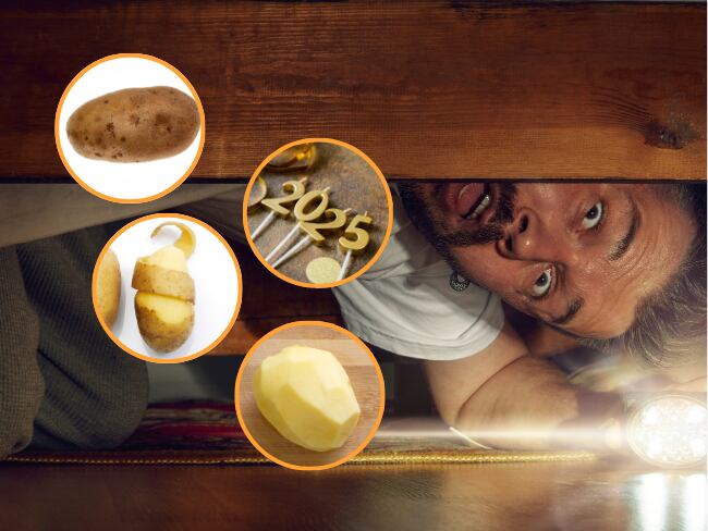 Hombre mirando debajo de la cama, papa pelada, papa medio pelada, papa sin pelar, 2025, imágenes de referencia (Getty Images).