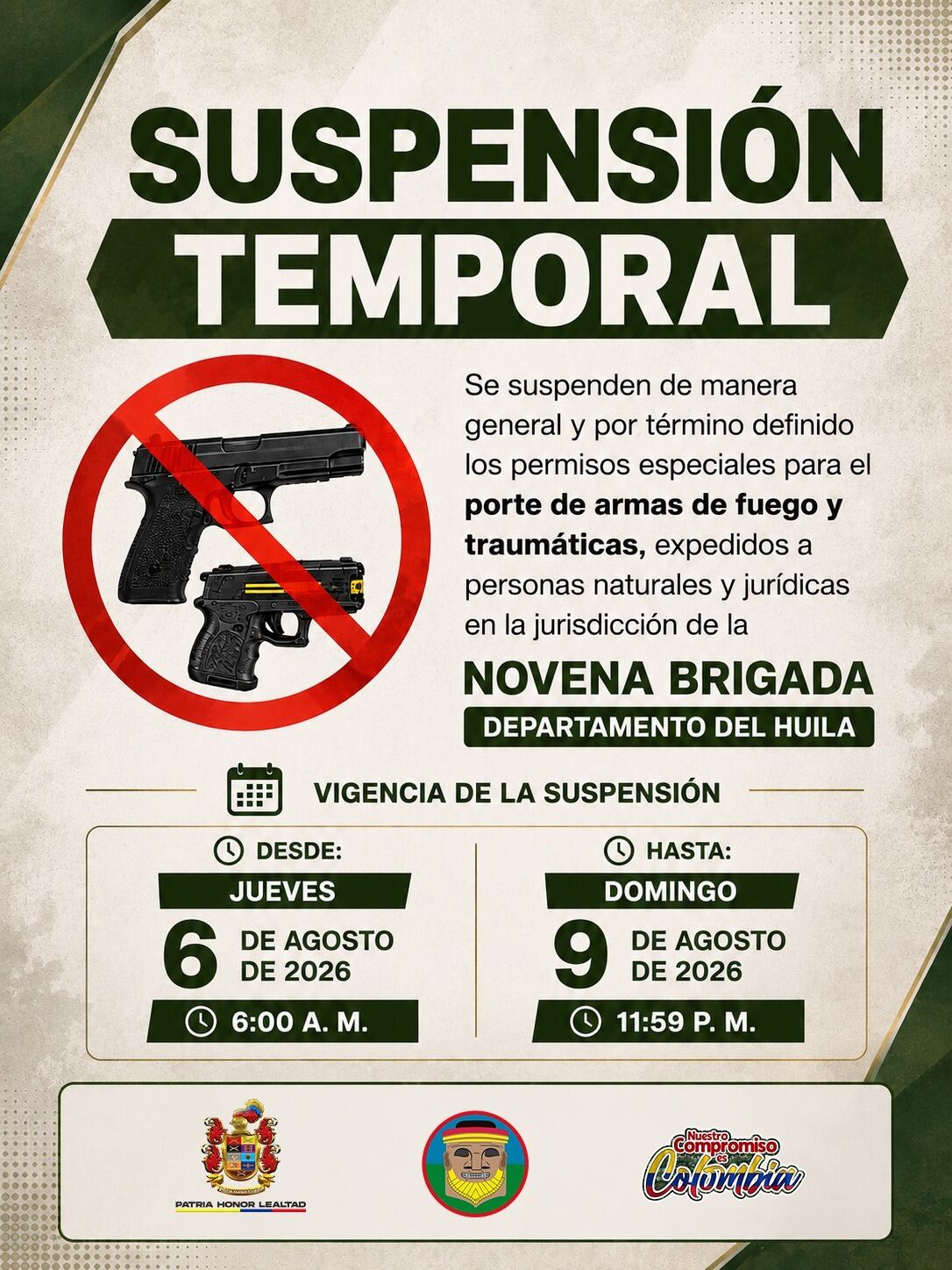 Los permisos especiales para el porte de armas de fuego y armas traumáticas. Foto Novena Brigada.
