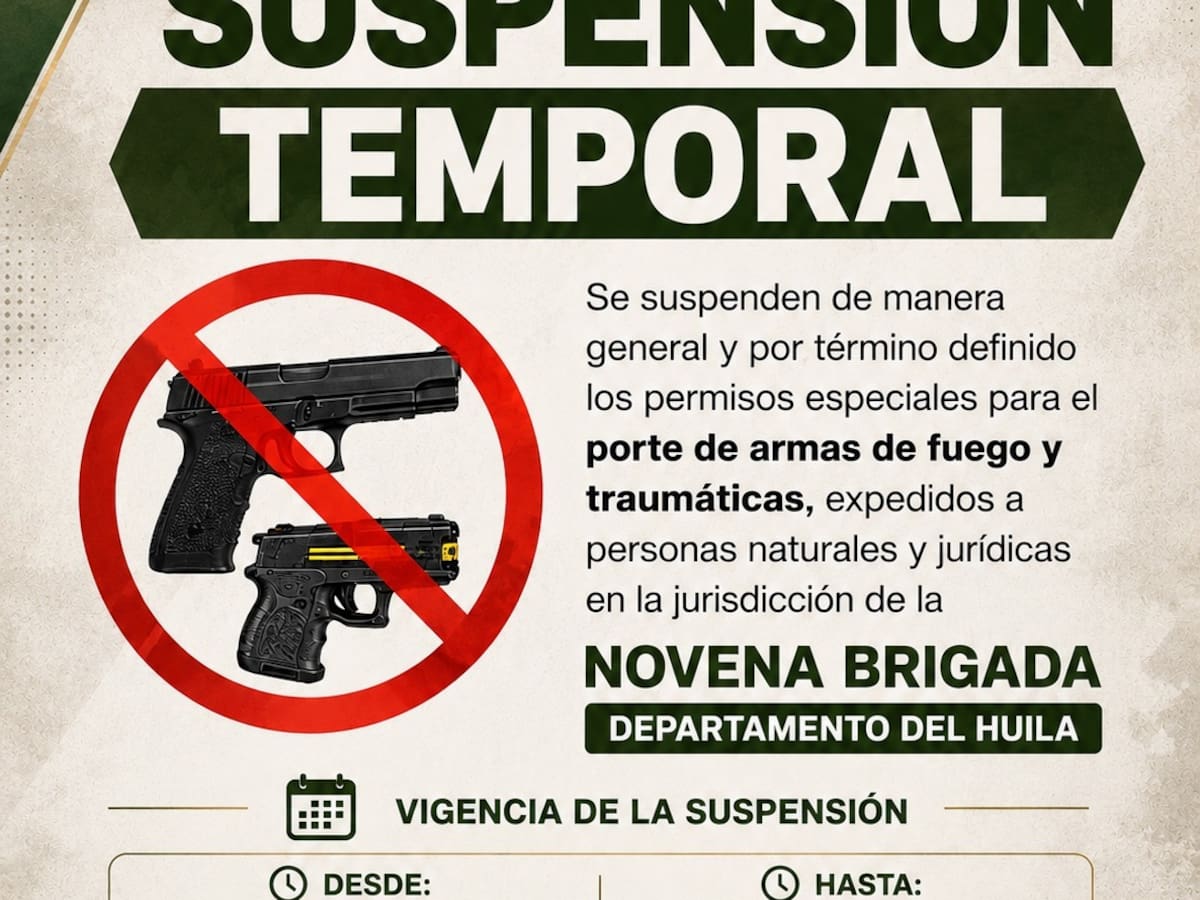 Suspenden permisos para porte de armas en Huila durante actos de posesión presidencial y 7 de agosto