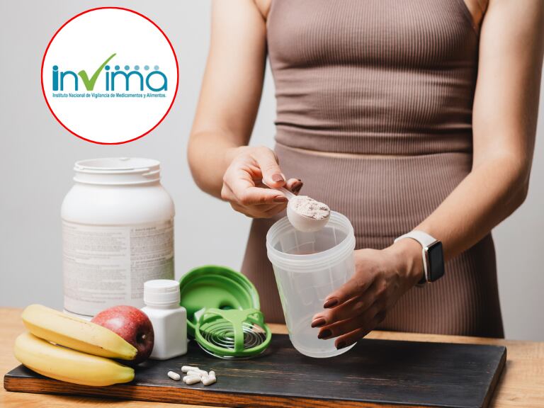 Imagen de suplementos para masa muscular/ logo de INVIMA.( Getty Images)