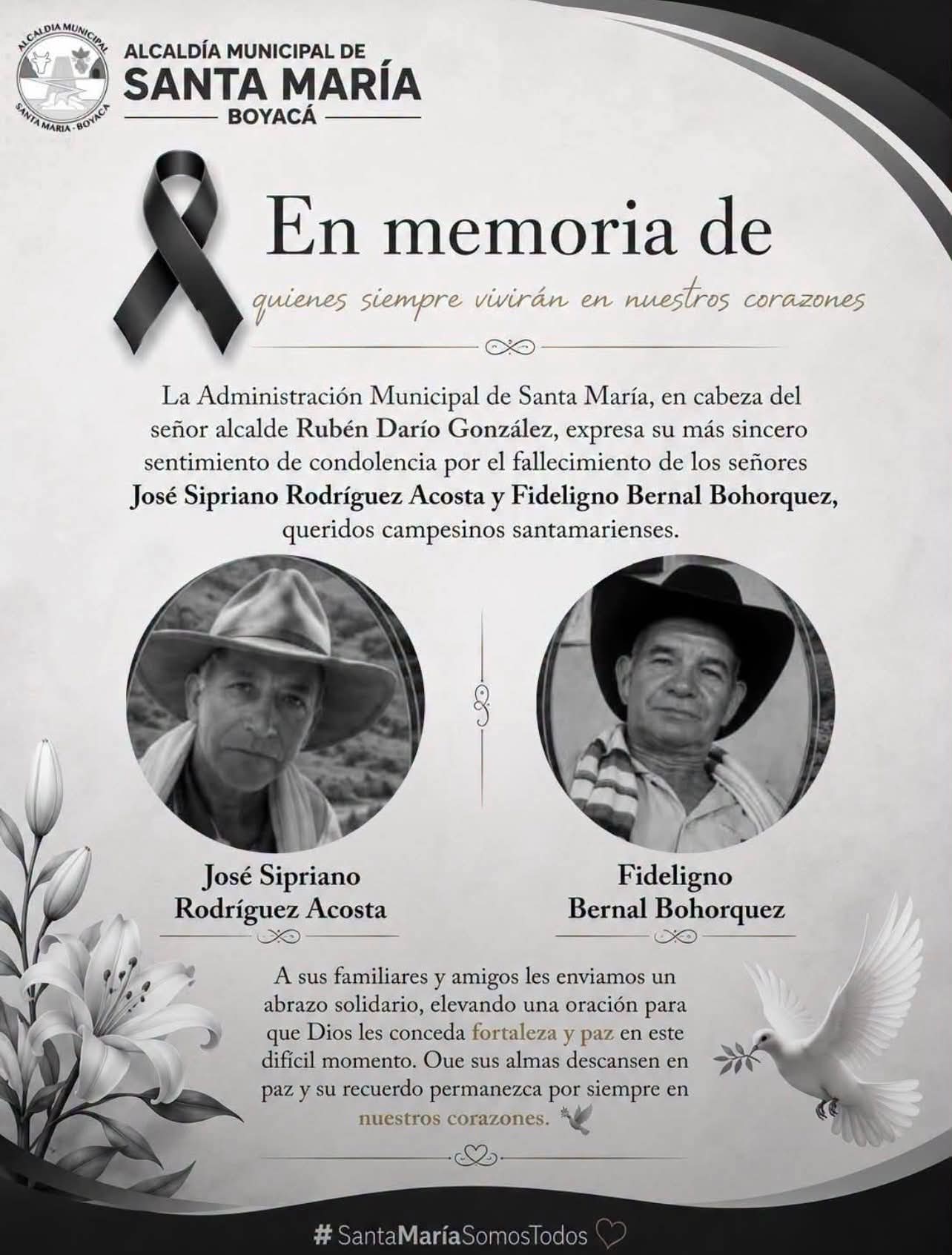 José Sipriano Rodríguez Acosta, de 65 años, y Fideligno Bernal Bohórquez, de 74, fueron las personas que fallecieron tras las crecientes súbitas de las quebradas.