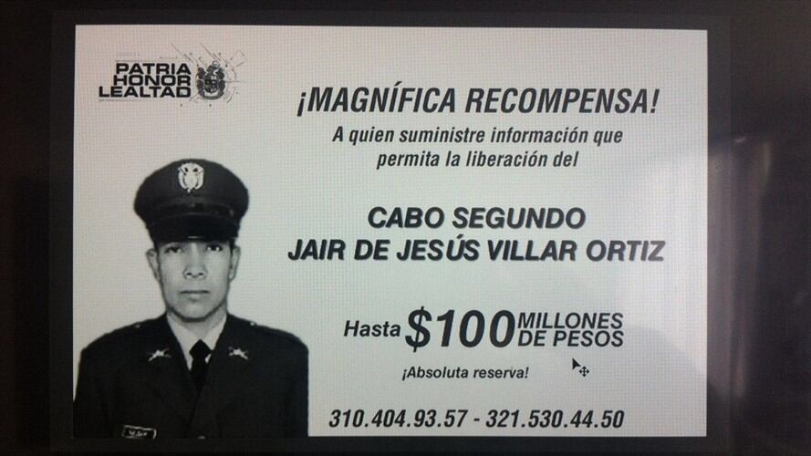 Ofrecen recompensa por información del cabo Villar Ortiz. Foto: Cortesía Ejército Nacional