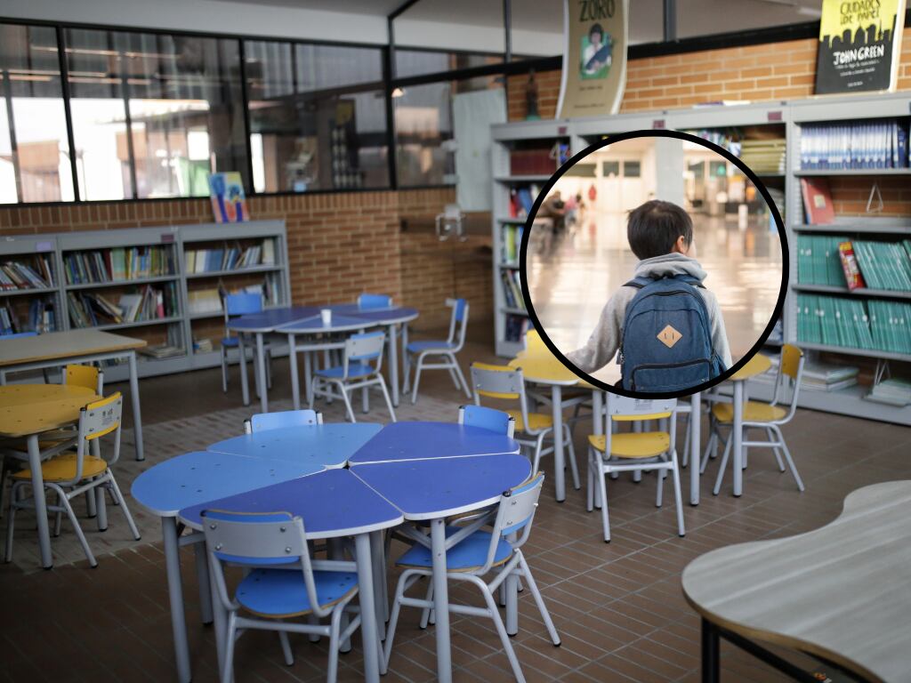 Aula de clases en Colombia y de fondo un niño de espalda con maleta (Fotos vía Getty Images y COLPRENSA)