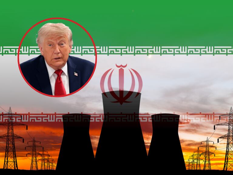 Imagen de referencia. Ilustración de banderas de Irán y estación de energía nuclear - Donald Trump en medio de conferencia: Getty Images.