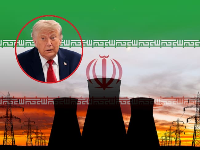 Imagen de referencia. Ilustración de banderas de Irán y estación de energía nuclear - Donald Trump en medio de conferencia: Getty Images.