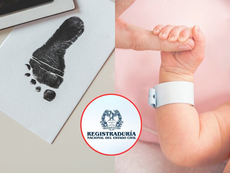 Recién nacido y una huella al lado del logo de la Registraduría Nacional del Estado Civil  (Fotos vía Getty Images y redes sociales de @Registraduria)