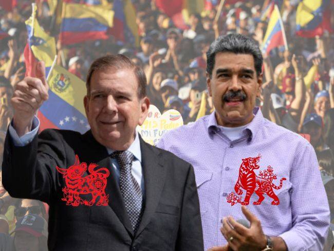 Edmundo González, Nicolás Maduro, manifestaciones en Venezuela, Buey y Tigre del Horóscopo Chino, imágenes de referencia (Getty Images).