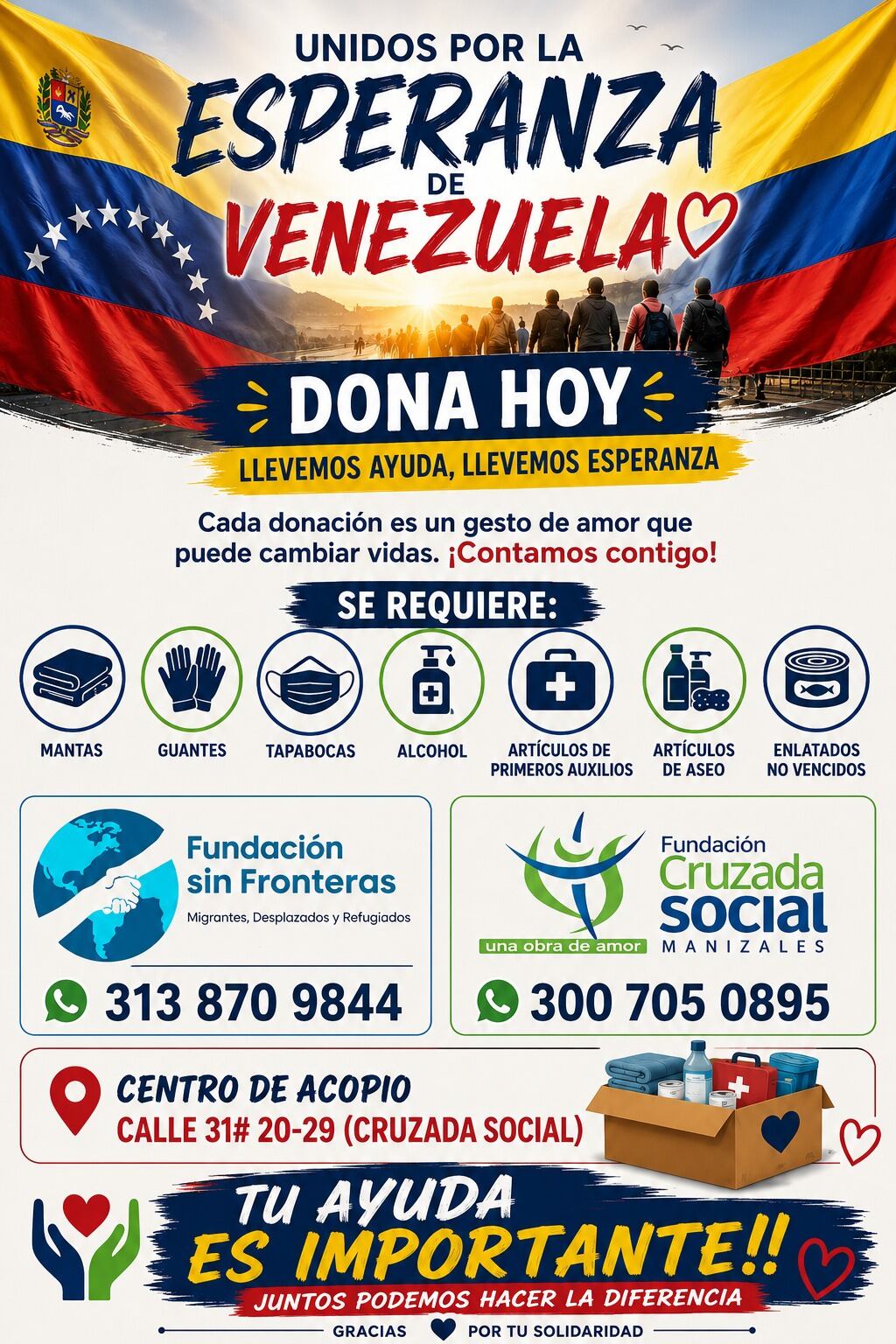 Pieza gráfica de campaña de donación en Manizales para víctimas de los terremotos en Venezuela. Foto suministrada.