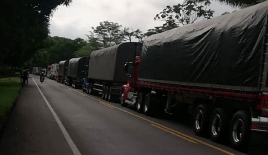 Fila de camiones de carga por bloqueos en la vía