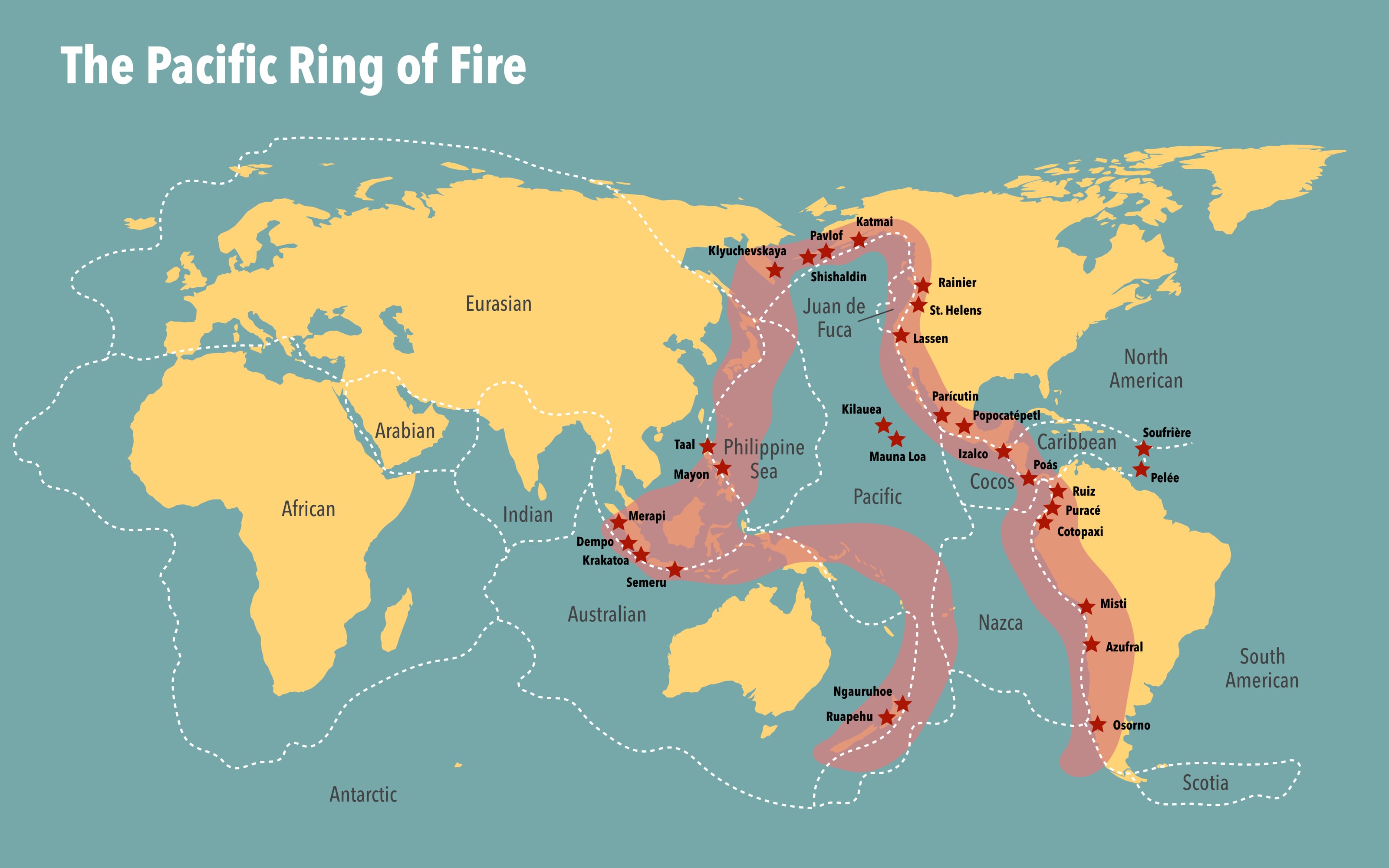 Mapa del anillo de fuego, incluyendo las placas tectonicas. Cortesía: Dimitrios Karamitros, GettyImages