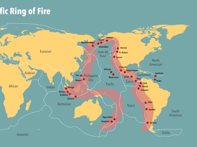 Mapa del anillo de fuego, incluyendo las placas tectonicas. Cortesía: Dimitrios Karamitros, GettyImages