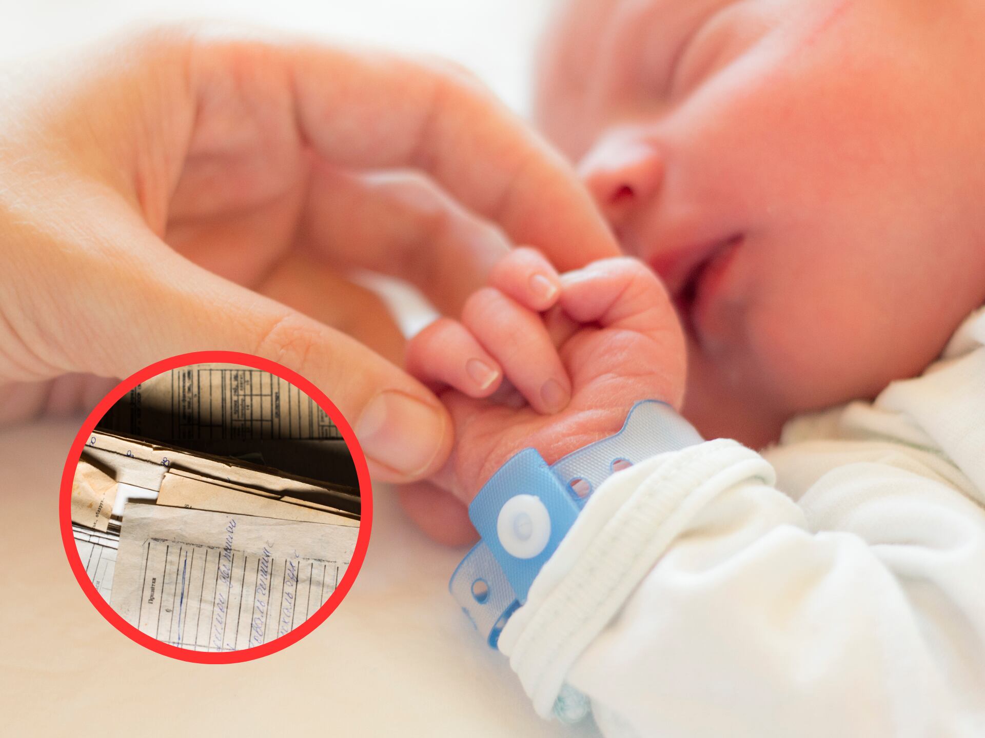 Bebé recién nacido tomando la mano de su mamá. En el círculo, imagen de referencia de documentos de registros civiles (Fotos vía GettyImages)