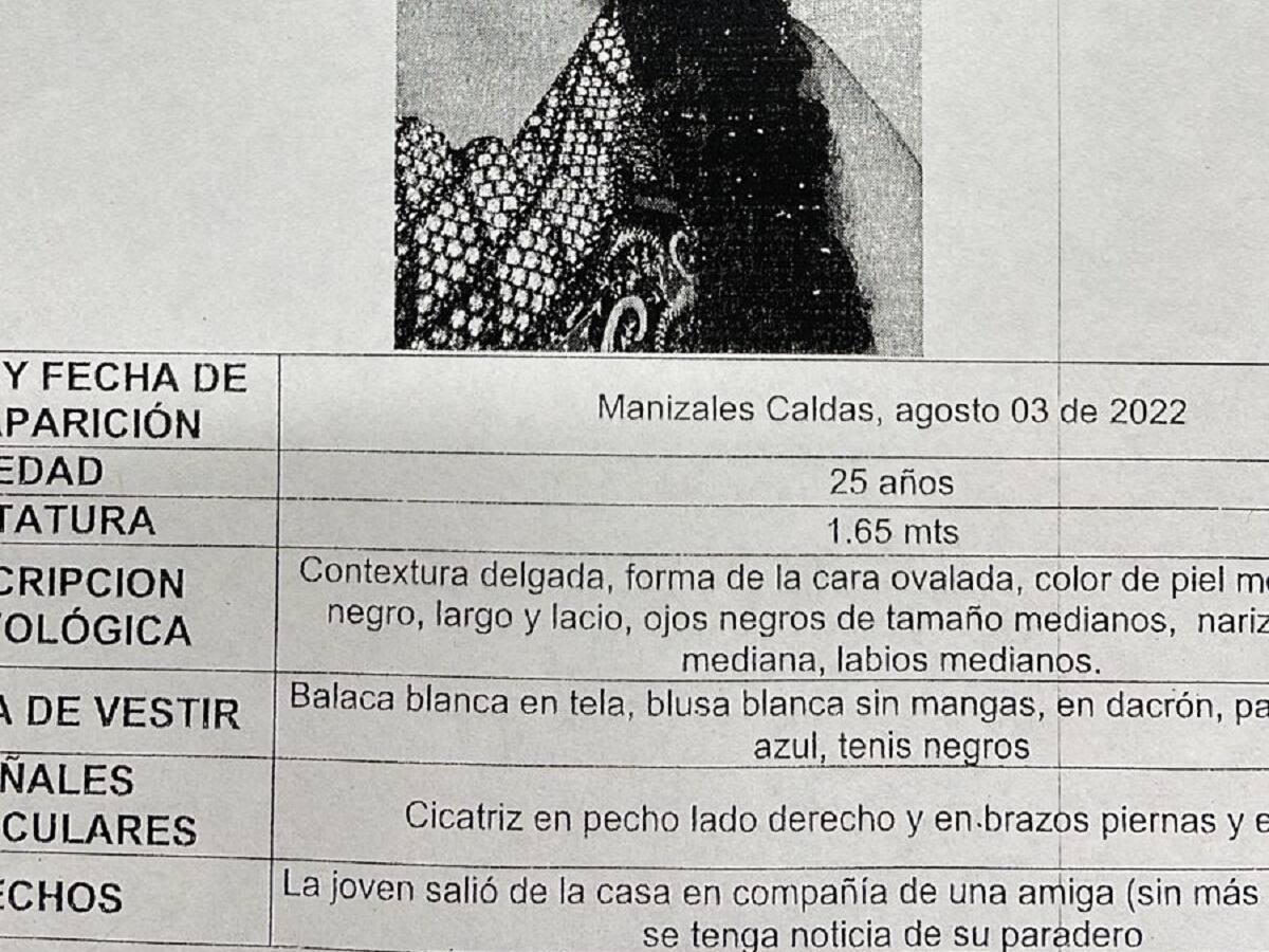Buscan en Manizales a Alexandra Aguirre quien desapareció desde el 3 de agosto