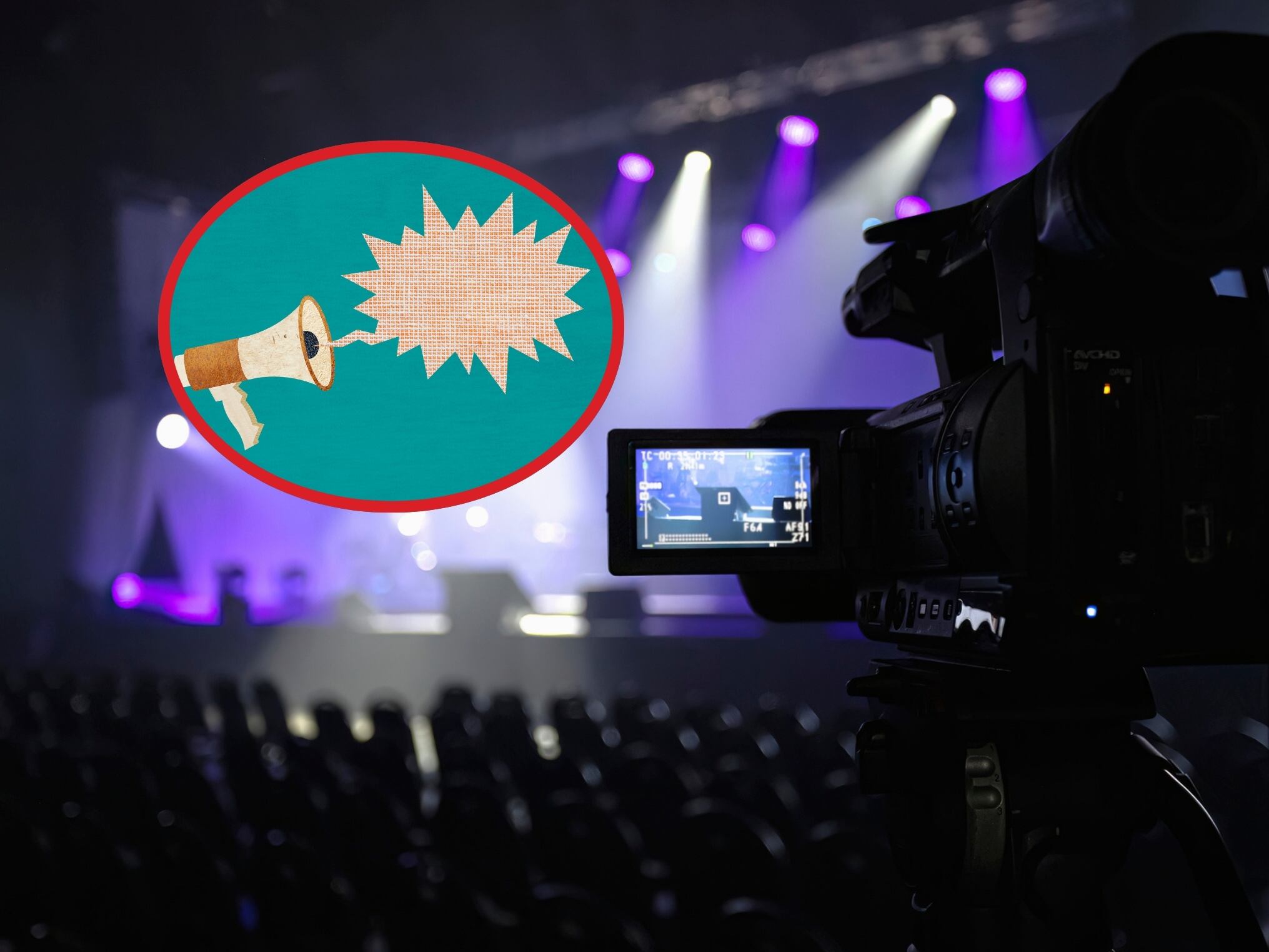 De fondo: Imagen de referencia de una cámara grabando un espacio cerrado. A la izquierda hay una imagen de un megáfono junto a una ventana de diálogo, simbolizando un anuncio (crédito: Getty Images)