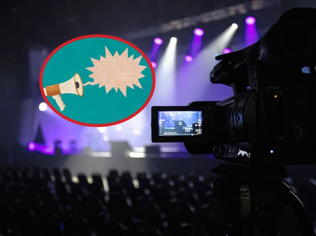 De fondo: Imagen de referencia de una cámara grabando un espacio cerrado. A la izquierda hay una imagen de un megáfono junto a una ventana de diálogo, simbolizando un anuncio (crédito: Getty Images)